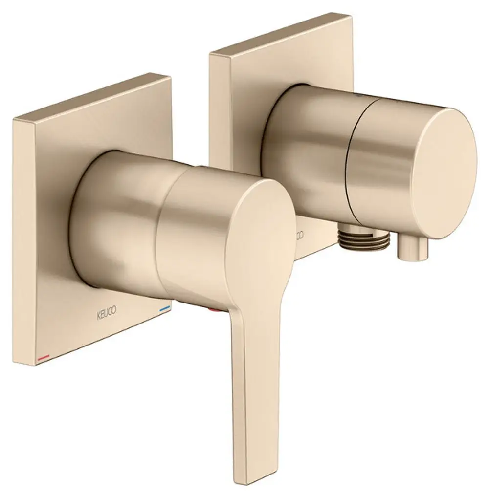 Zweigriff-Wandarmatur in gebürsteter Bronze von Keuco, bestehend aus zwei Bedienelementen und einem Schlauchanschluss. Elegantes, funktionales Design.